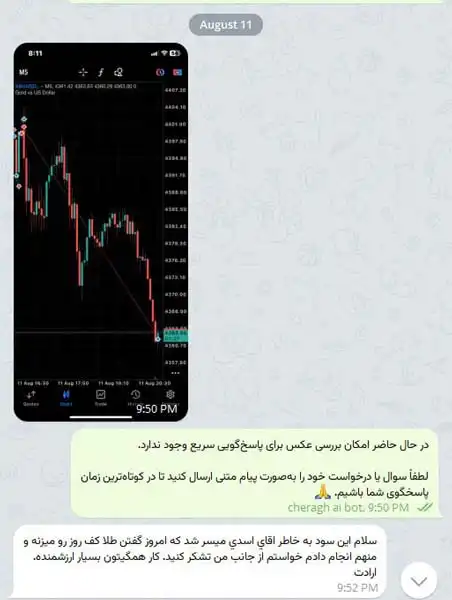 اسکرین‌شات چارت طلا همراه با پیام تشکر یکی از اعضای کانال سیگنال فارکس چراغ