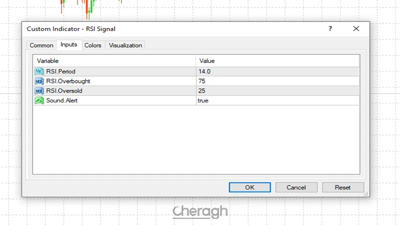تنظیمات اندیکاتور سیگنال آر اس آی