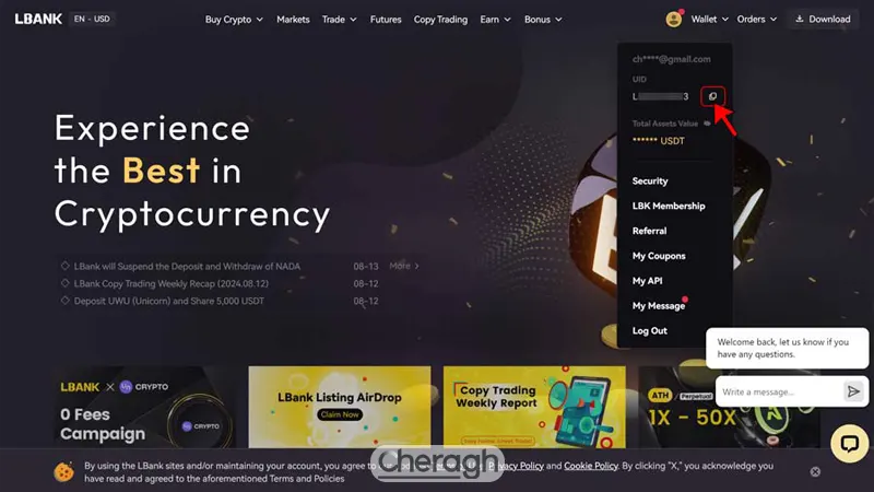 کلیک بر دکمه کپی برای برداشتن کد از صرافی ال بانک