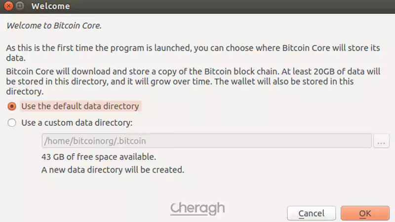 یک پوشه (دایرکتوری) برای ذخیره زنجیره بلوک بیتکوین و کیف پول انتخاب کنید