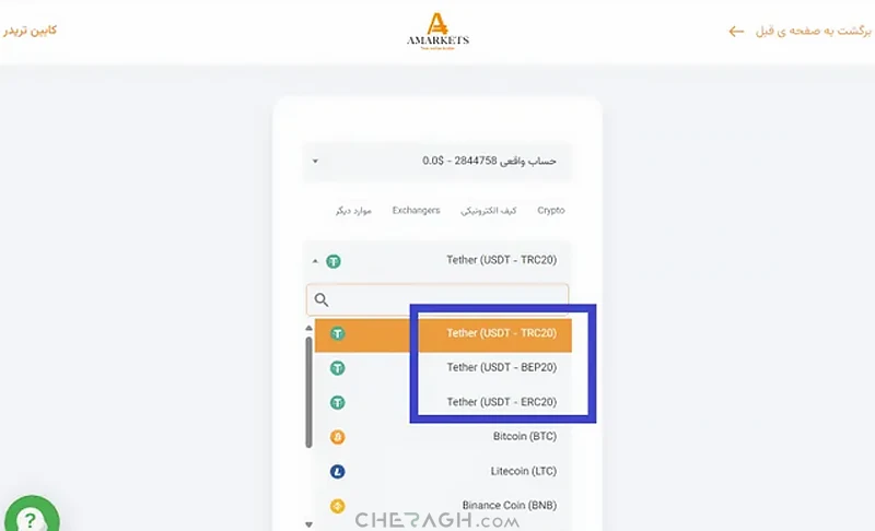 واریز تتر به بروکر آمارکتس