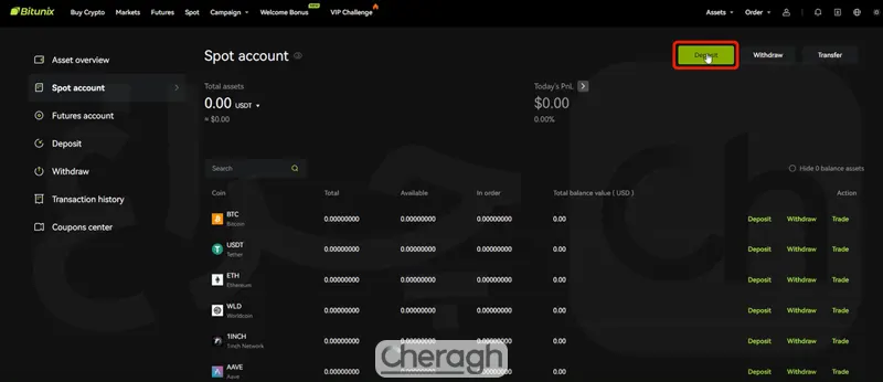 کلیک بر Deposit برای واریز وجه
