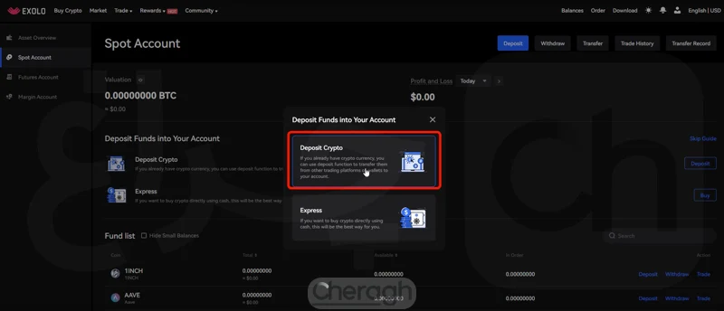 کلیک بر deposit crypto