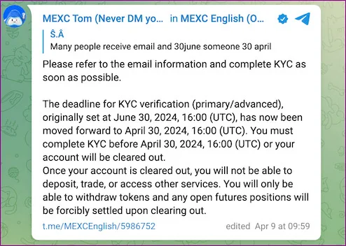 پیام تلگرامی مکسی برای احراز هویت اجباری کاربران