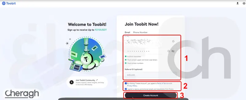  گزینه create account در ثبت نام در توبیت 